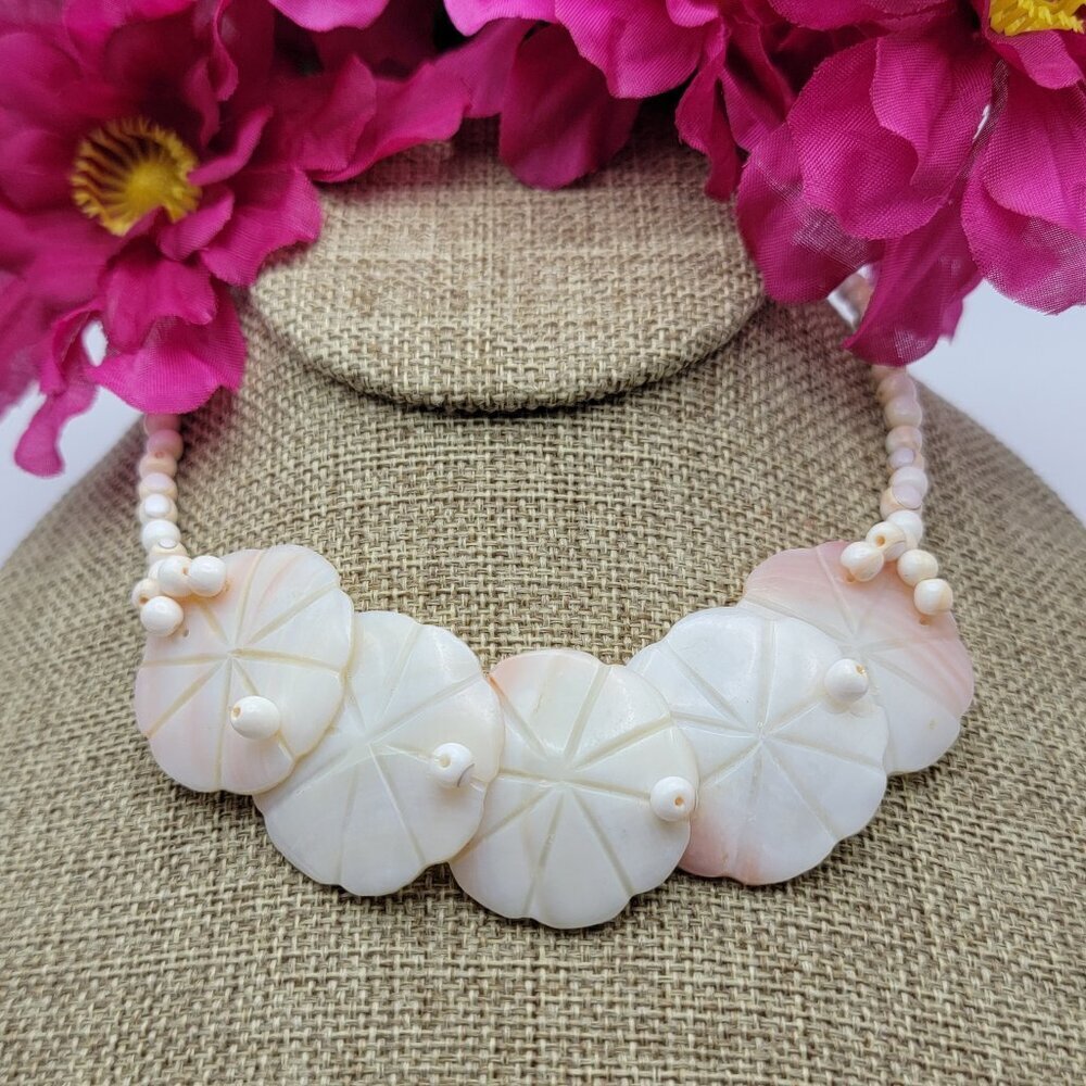 Vtg. Artisan Mother Of Pearl Carved Flower Charm Beaded Collar Necklace 20" Hook